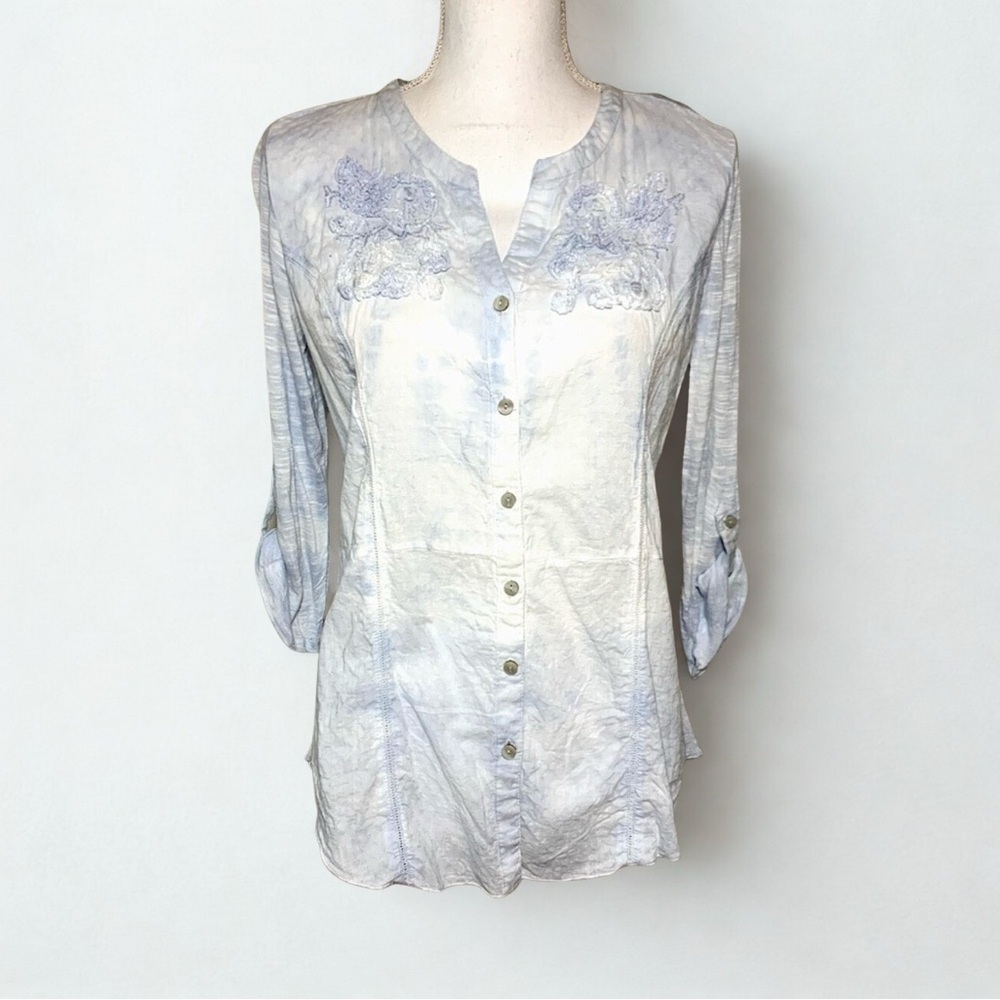 Vintage America White Blue Tie Dye Button Down Shirt Women Small 100% Viscose